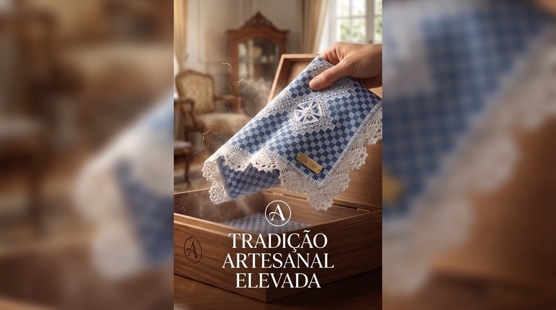 Peça de mesa posta em xadrez azul e branco com renda